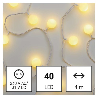 LED Ziemassvētku virtene – 2,5 cm bumb., 4 m, liet. ārā un iekšt., silti balta, ar taimeru