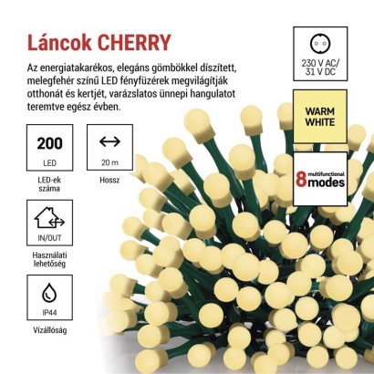 LED karácsonyi fényfüzér, cseresznye–golyók,20 m,kültéri és beltéri,meleg fehér,progr,időz