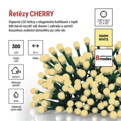 LED vánoční cherry řetěz – kuličky, 30 m, venkovní i vnitřní, teplá bílá, programy,časovač