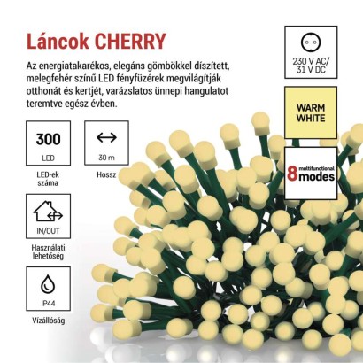 LED karácsonyi fényfüzér,cseresznye–golyók,30 m,kültéri és beltéri,meleg fehér,progr,időz