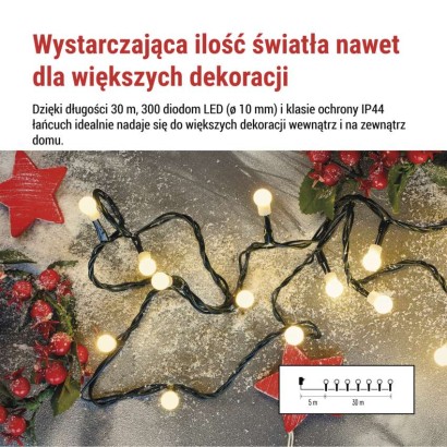 Lampki choinkowe 300 LED cherry 30m , ciepła biel, zielony przewód, IP44,8 programów, time