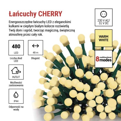 Lampki choinkowe 480 LED cherry 48m , ciepła biel, zielony przewód, IP44,8 programów, time