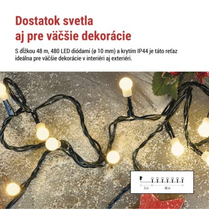 LED vianočná cherry reťaz – guličky, 48 m, vonk. aj vnútor.,teplá biela, programy, časovač