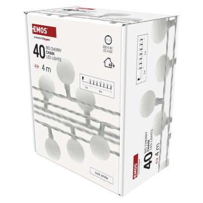 Dekoracje - 40 LED big cherry 4m IP44 zimna biel, biały przewód, IP44, timer