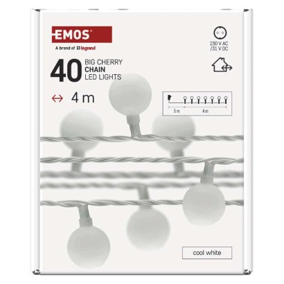 Dekoracje - 40 LED big cherry 4m IP44 zimna biel, biały przewód, IP44, timer
