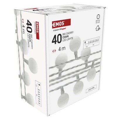 Dekoracje - 40 LED big cherry 4m IP44 zimna biel, biały przewód, IP44, timer