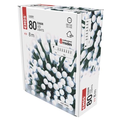 LED karácsonyi fényfüzér, cseresznye – golyók, 8 m, kültéri s beltéri, hideg fehér, progr