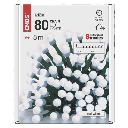 LED karácsonyi fényfüzér, cseresznye – golyók, 8 m, kültéri s beltéri, hideg fehér, progr