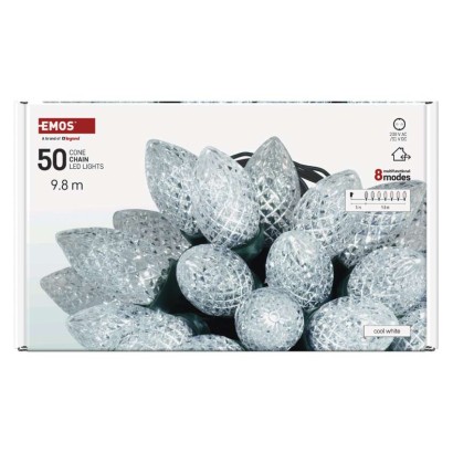 LED vánoční řetěz – šišky, 9,8 m, venkovní i vnitřní, studená bílá, programy