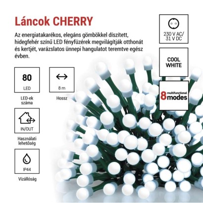 LED karácsonyi fényfüzér,cseresznye–golyók, 8 m,kültéri és beltéri,hideg fehér,progr,időz.