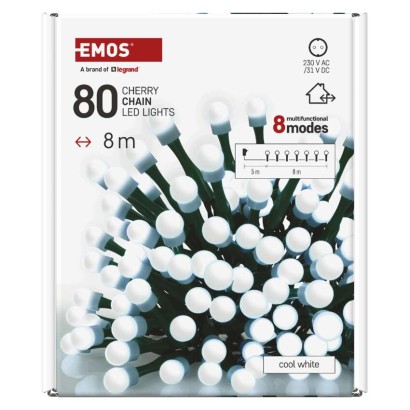 LED karácsonyi fényfüzér,cseresznye–golyók, 8 m,kültéri és beltéri,hideg fehér,progr,időz.
