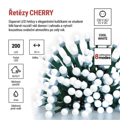 LED vánoční cherry řetěz – kuličky, 20 m, venkovní i vnitřní,studená bílá,programy,časovač