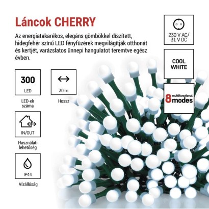 LED karácsonyi fényfüzér,cseresznye–golyók,30 m,kültéri és beltéri,hideg fehér,progr,időz.