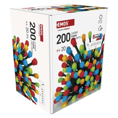 Lampki choinkowe 200 LED cherry 20m, multikolor, zielony przewód, IP44, 8 programów, timer