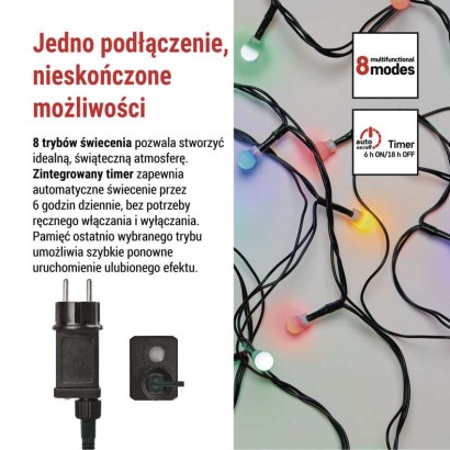 Lampki choinkowe 480 LED cherry 48m, multikolor, zielony przewód, IP44, 8 programów, timer
