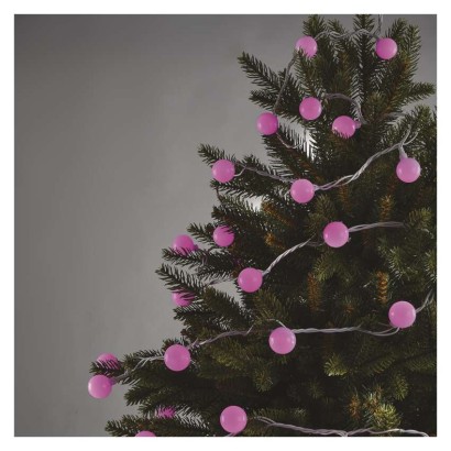LED Ziemassvētku virtene – 2,5 cm bumbiņas, 4 m, liet. ārā un iekšt., rozā, ar taimeru
