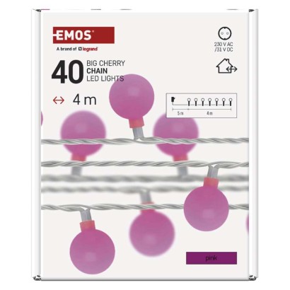 LED Ziemassvētku virtene – 2,5 cm bumbiņas, 4 m, liet. ārā un iekšt., rozā, ar taimeru