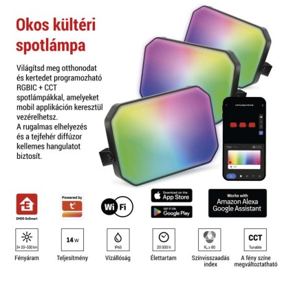 GoSmart kültéri LED reflektor, kezdő készlet, 3 darab, 14 W, RGBIC dimmelhető, WiFi