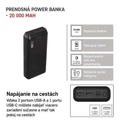 Power bank EMOS Alpha2 20, 20 000 mAh, 10 W, čierny