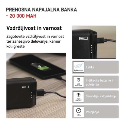 EMOS ALPHA2 20 powerbank, 20 000 mAh, 10 W, črni