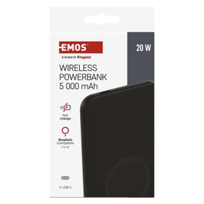 EMOS Powerbank WI 521, 5 000 mAh, 20 W+Wireless, fekete