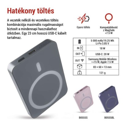 EMOS Powerbank WI 522, 5 000 mAh, 20 W+Wireless, szürke