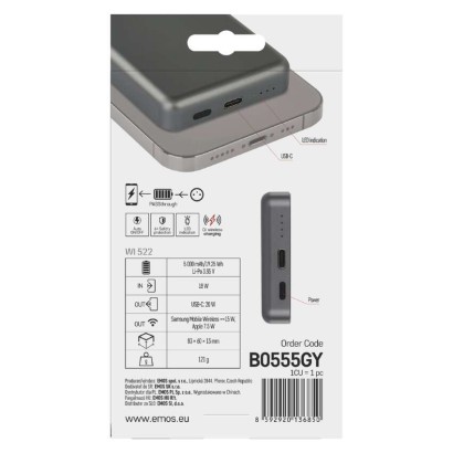 Power bank EMOS WI 522, 5 000 mAh, 20 W+Wireless, šedá
