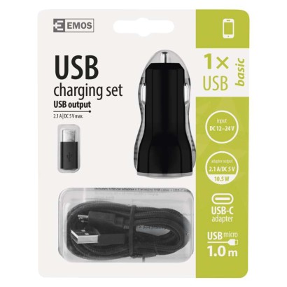 USB adaptér do auta 2,1A + micro USB kabel + USB-C redukce