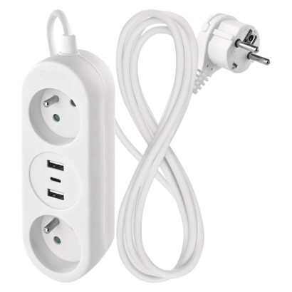 Prodlužovací kabel 1,4 m / 2 zásuvky+2×USB-A+1×USB-C / bílý / PVC / 1,5 mm2