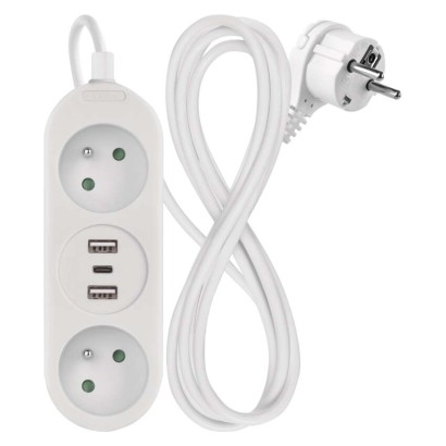 Prodlužovací kabel 1,4 m / 2 zásuvky+2×USB-A+1×USB-C / bílý / PVC / 1,5 mm2