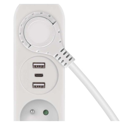 Prodlužovací kabel 1,4 m / 2 zásuvky+2×USB-A+1×USB-C / bílý / PVC / 1,5 mm2