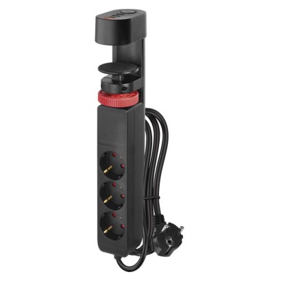 Hosszabbító kábel 1,5 m/3 aljzat/kapcsoló/asztalra szerelhető/USB/fekete/PVC/1,5 mm2 