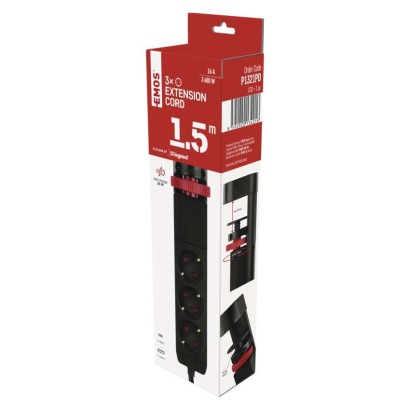 Hosszabbító kábel 1,5 m/3 aljzat/kapcsoló/asztalra szerelhető/USB/fekete/PVC/1,5 mm2 