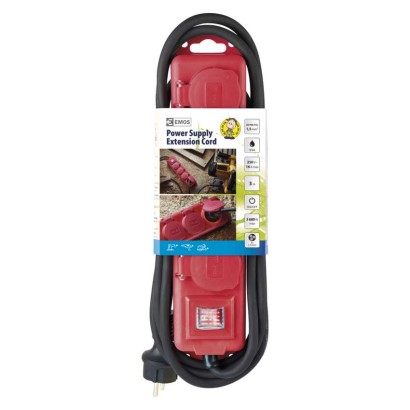 Prodlužovací kabel 3 m / 4 zásuvky / s vypínačem / černo-červený / guma-neopren / 1,5 mm2