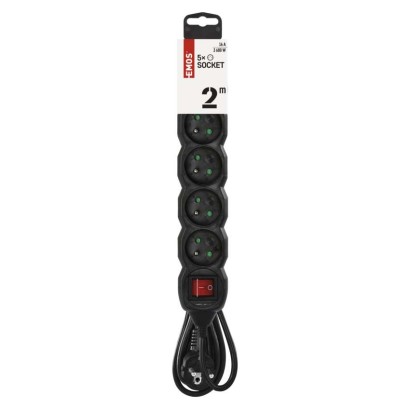 Predlžovací kábel 2 m / 5 zásuviek / s vypínačom / čierny / PVC / 1 mm2