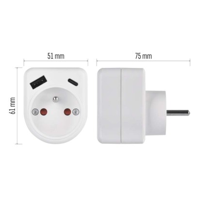 Rozbočovací zásuvka 1×, 1×USB-A+1×USB-C, bílá