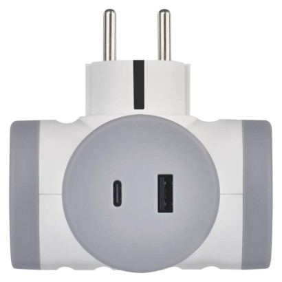 Rozbočovacia zásuvka 2×, 1×USB-A+1×USB-C, bielo-sivá