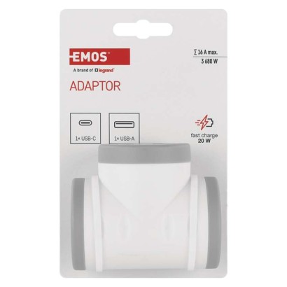 Rozbočovacia zásuvka 2×, 1×USB-A+1×USB-C, bielo-sivá