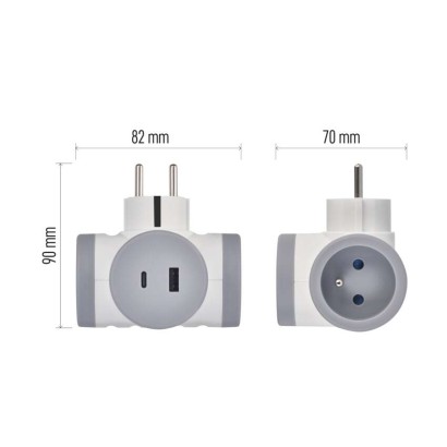 Rozbočovacia zásuvka 2×, 1×USB-A+1×USB-C, bielo-sivá
