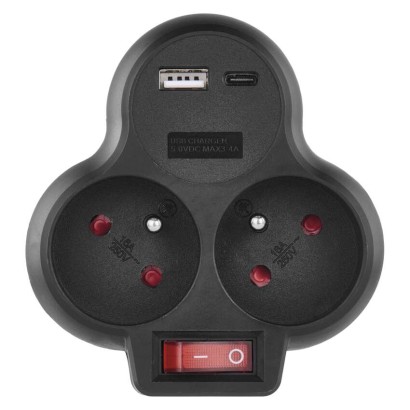 Rozbočovací zásuvka 2×, vyp., 1×USB-A+1×USB-C, černá