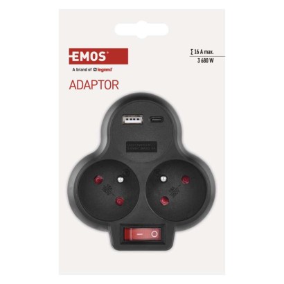 Rozbočovací zásuvka 2×, vyp., 1×USB-A+1×USB-C, černá