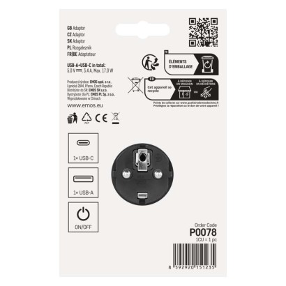 Rozbočovací zásuvka 2×, vyp., 1×USB-A+1×USB-C, černá