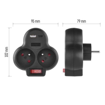 Rozbočovací zásuvka 2×, vyp., 1×USB-A+1×USB-C, černá