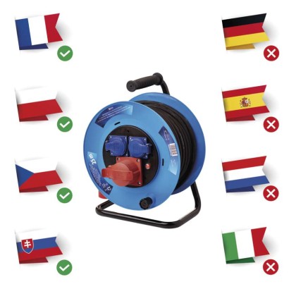 Vonkajší predlžovací kábel na bubne 25 m / 3 zásuvky / čierny / guma / 230V/400V / 1,5 mm2