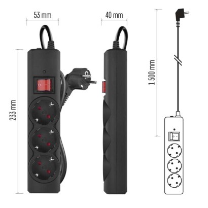 Pārsprieguma aizsargs – 3 kontaktligzdas, 1,5 m, melns