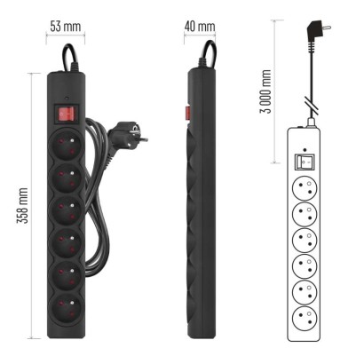 Prepäťová ochrana – 6 zásuviek, 3 m, čierna