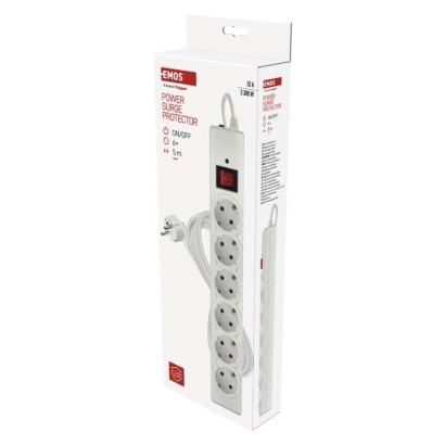 Pārsprieguma aizsargs – 6 kontaktligzdas, 5 m, balts