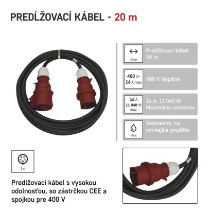 3 fázový vonkajší predlžovací kábel 20 m / 1 zásuvka / čierny / guma / 400 V / 2,5 mm2