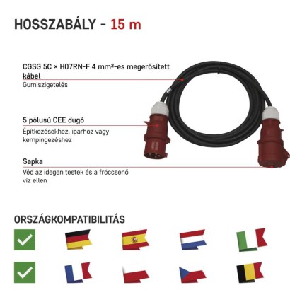 3 fázisú kültéri hosszabbító 15 m / 1 aljzat / fekete / gumi / 400 V / 4 mm2