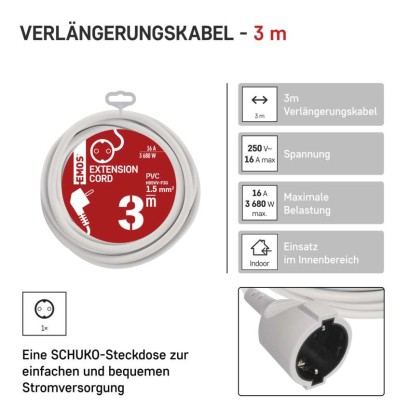 Verlängerungskabel 3 m / 1 Steckdose / weiß / PVC / 1,5 mm2